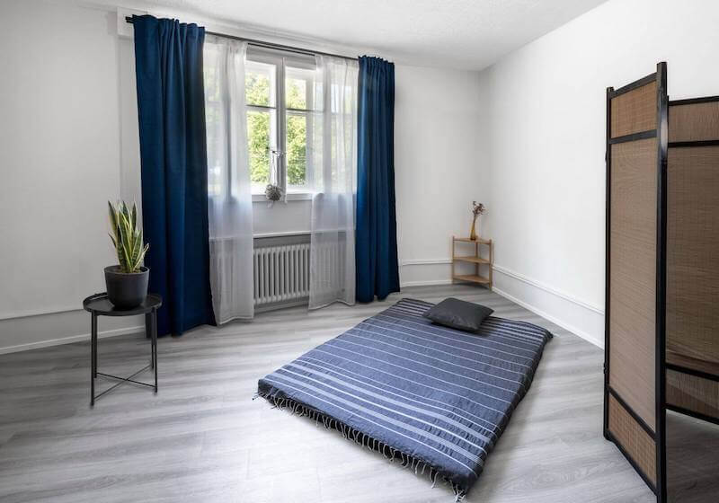 Cabinet de massage Tantra et de soins somatiques laure tantrika à lausanne, salle de massage avec matelas et plante verte.